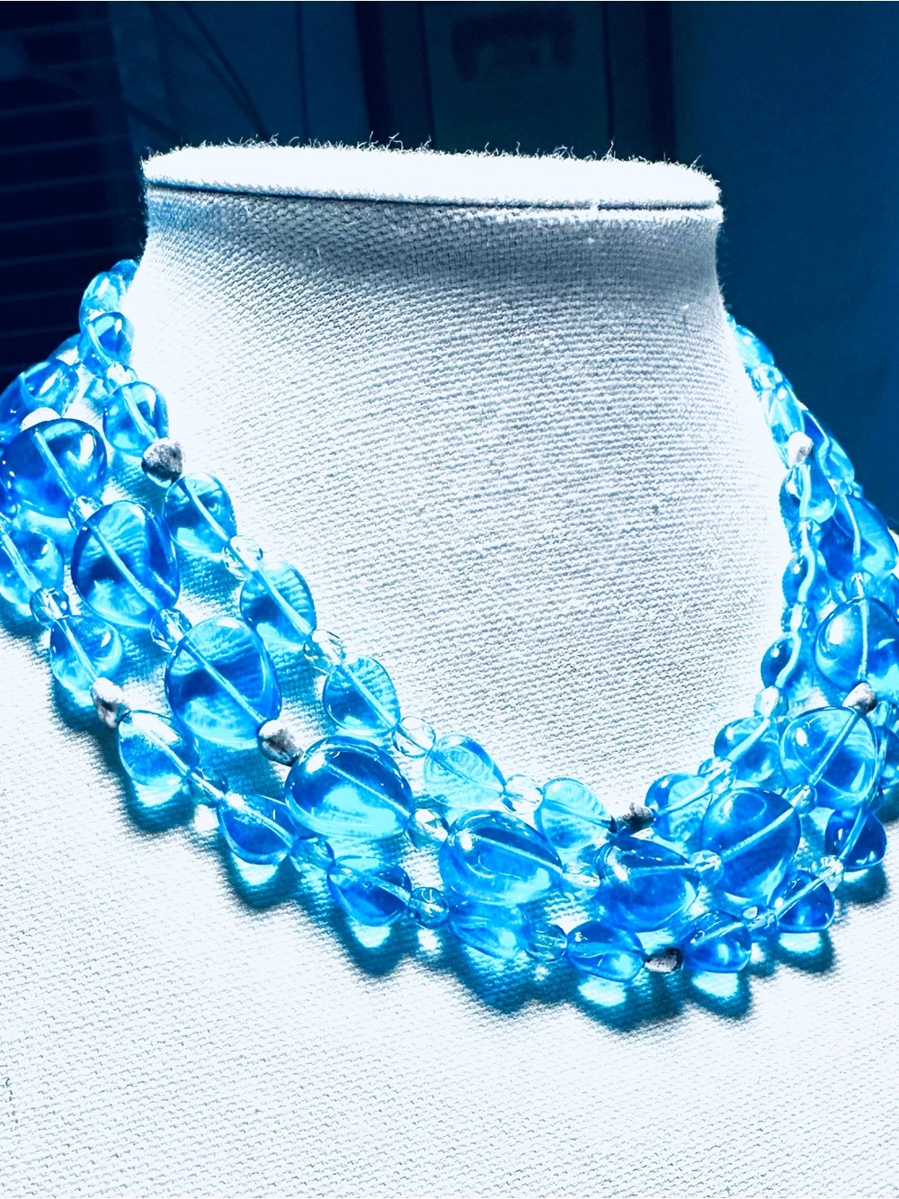 Vintage GIVENCHY 3-Strand Aqua Blue Glass Pebble Bead Statement Necklace